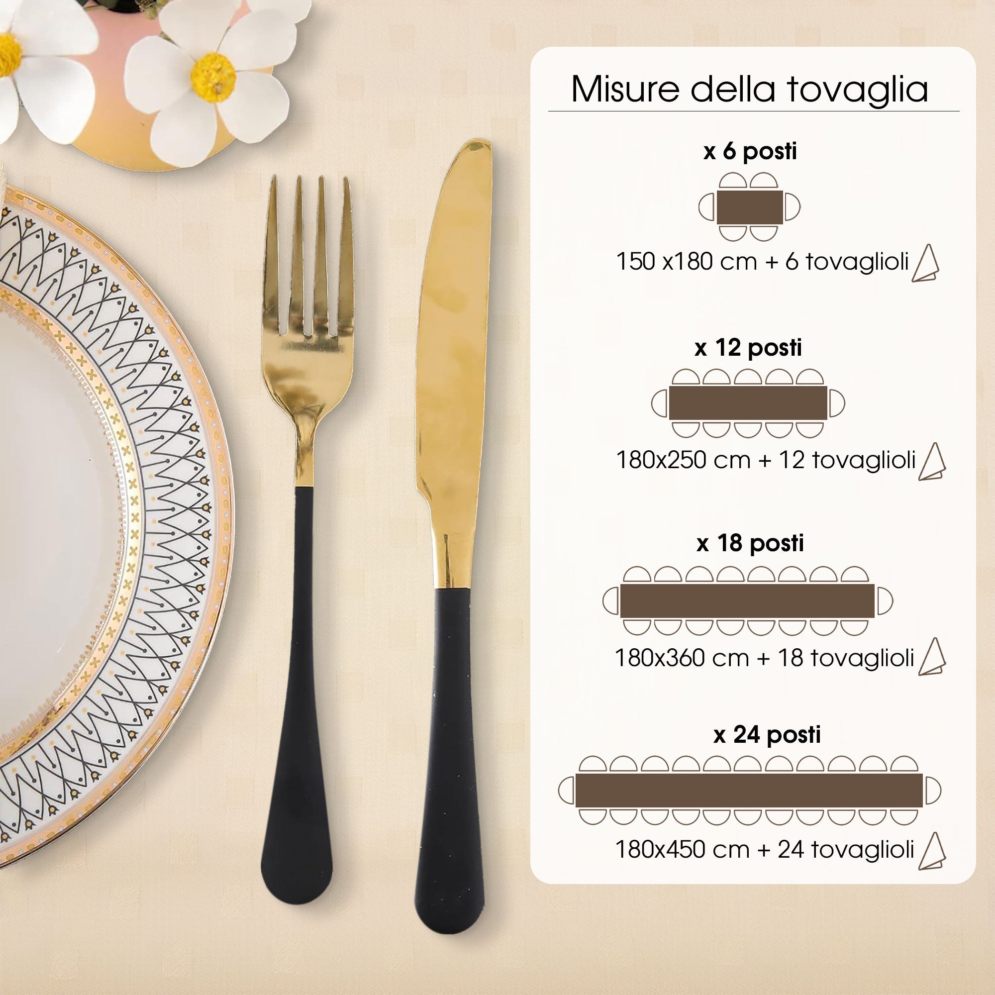 Tovaglia Servizio da Tavola + Tovaglioli 18 Posti Damina in Cotone 0542