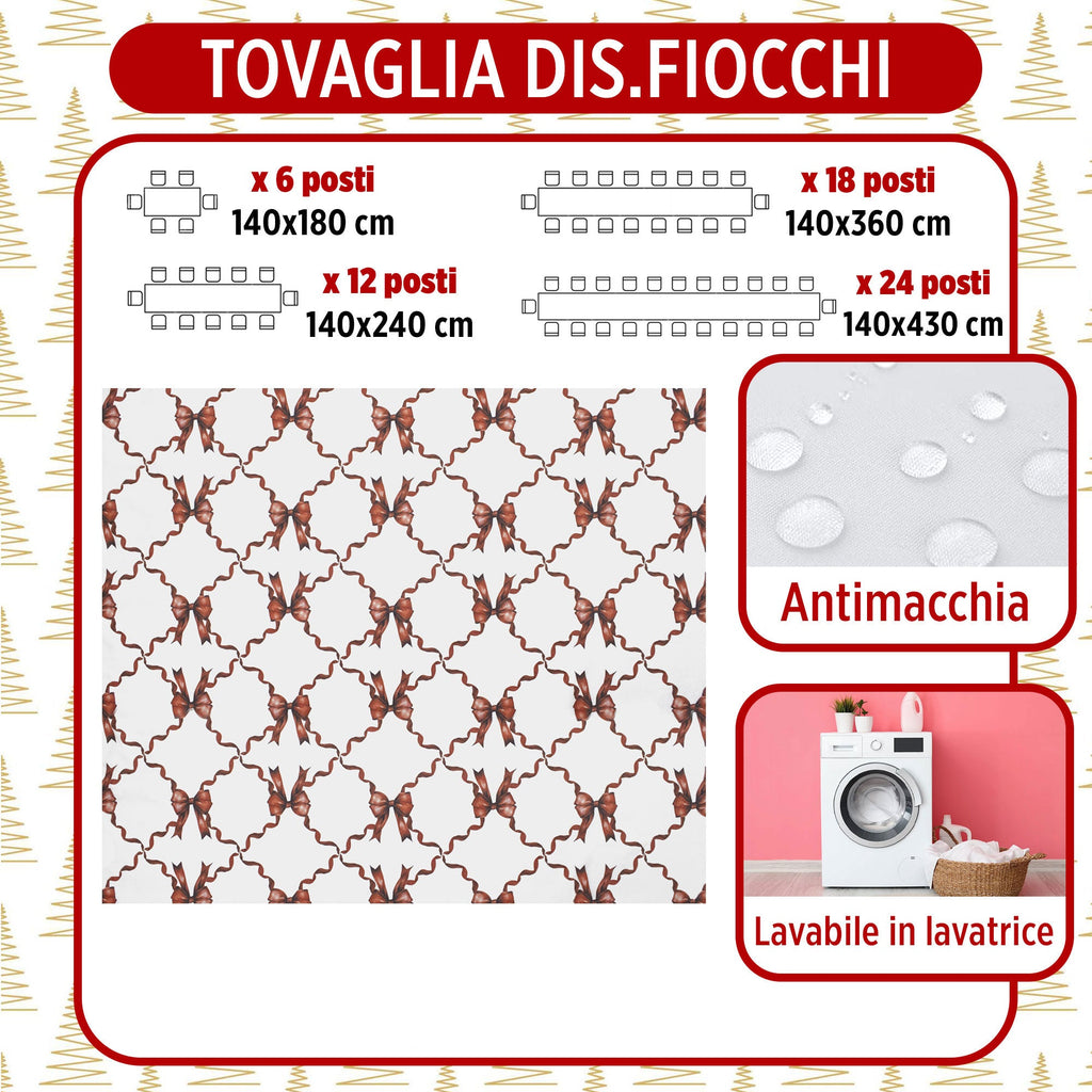 Tovaglia Natalizia 18 posti antimacchia fiocco Natale impermeabile no stiro 6909