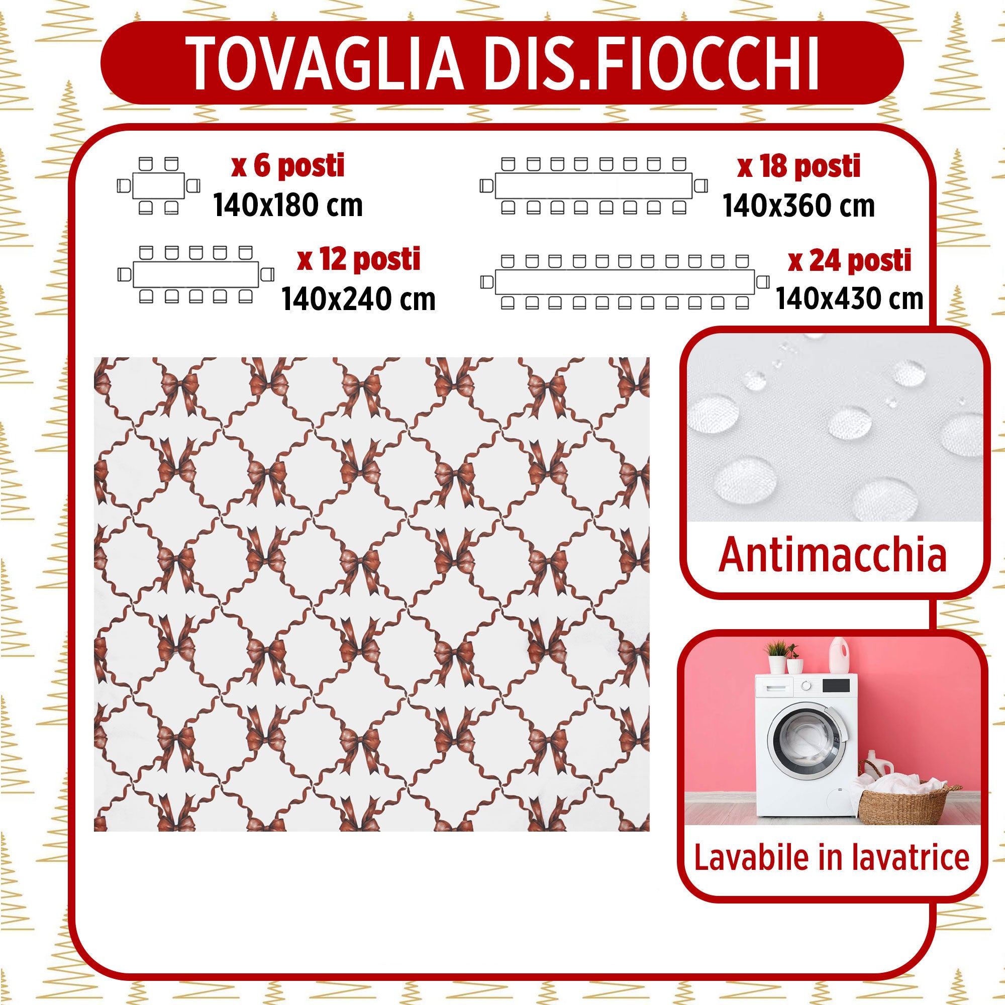Tovaglia Natalizia 18 posti antimacchia fiocco Natale impermeabile no stiro 6909
