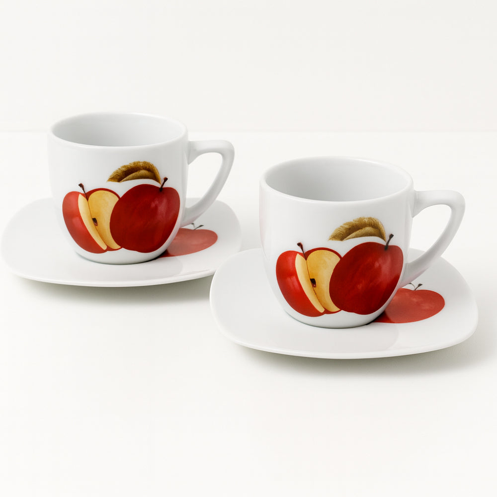 Coppia Tazze Caffè Porcellana Decoro Mela con Piattino 11×11 cm