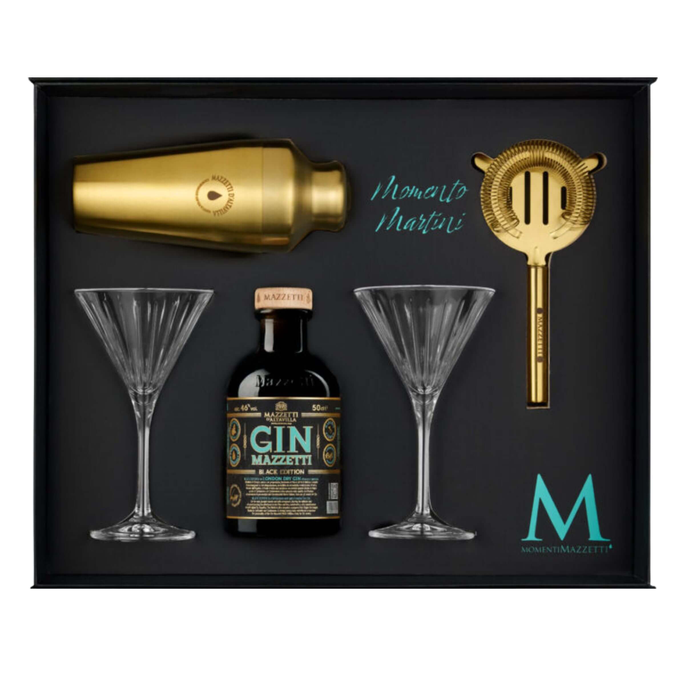 Mazzetti d'Altavilla Momento Martini Kit con Gin Black Edition 50 cl 2 Bicchieri Boston Shaker e Strainer