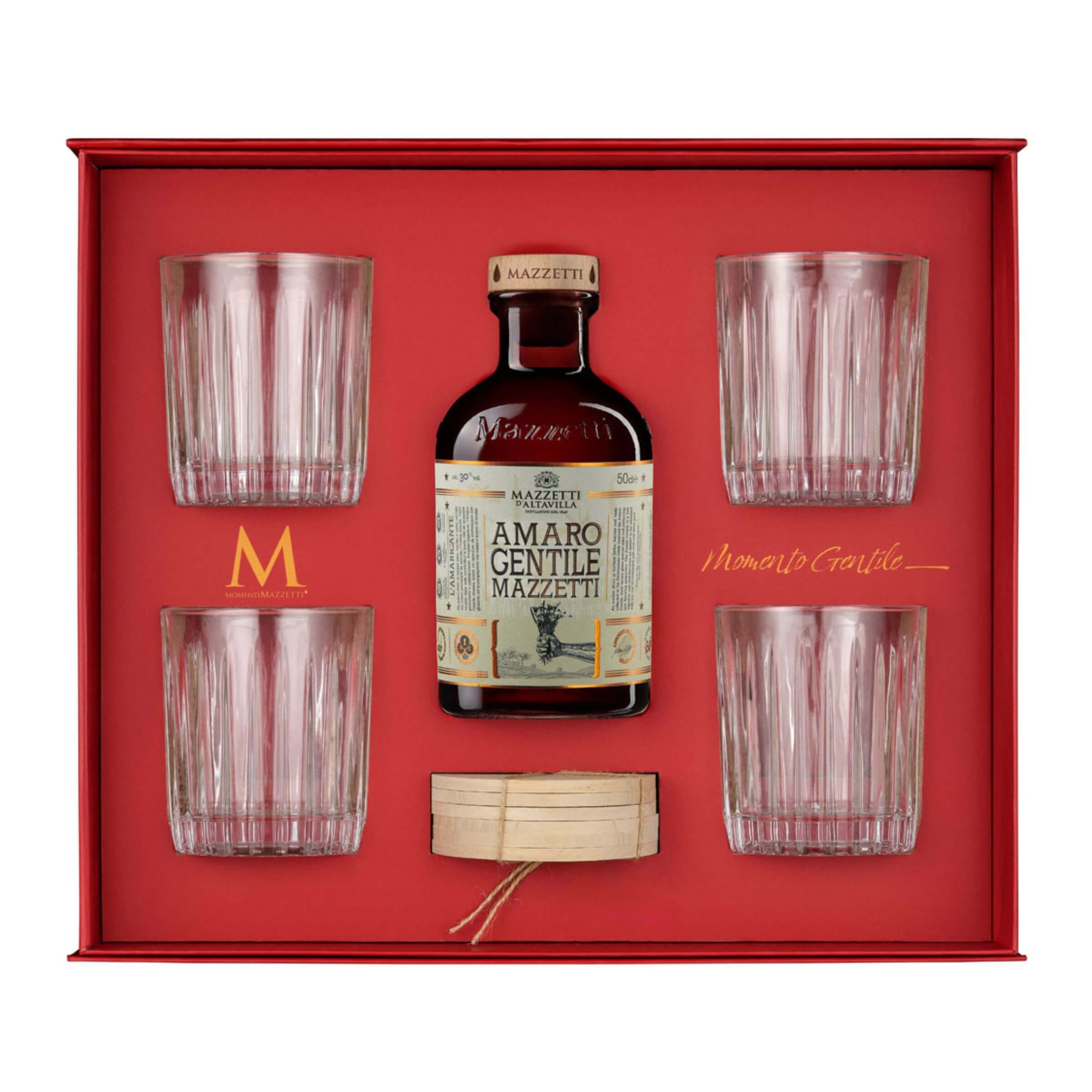 Mazzetti d'Altavilla Momento Gentile Cofanetto Amaro Gentile 50 cl con 4 Bicchieri Tumbler