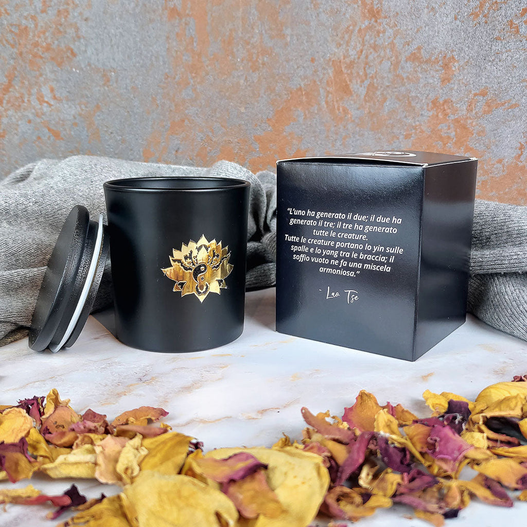 Candela Tao con Cristalli e Stoppino in Legno - Cacao e Patchouli
