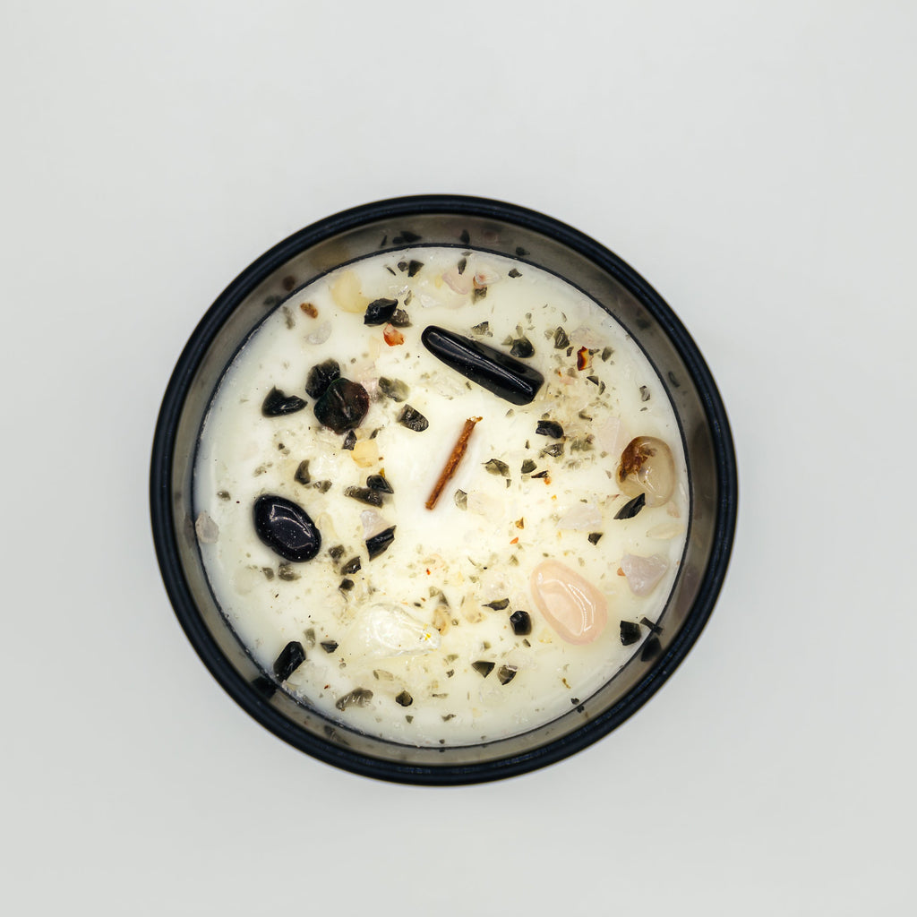 Candela Tao con Cristalli e Stoppino in Legno - Cacao e Patchouli