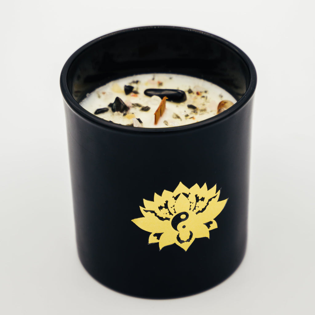 Candela Tao con Cristalli e Stoppino in Legno - Cacao e Patchouli