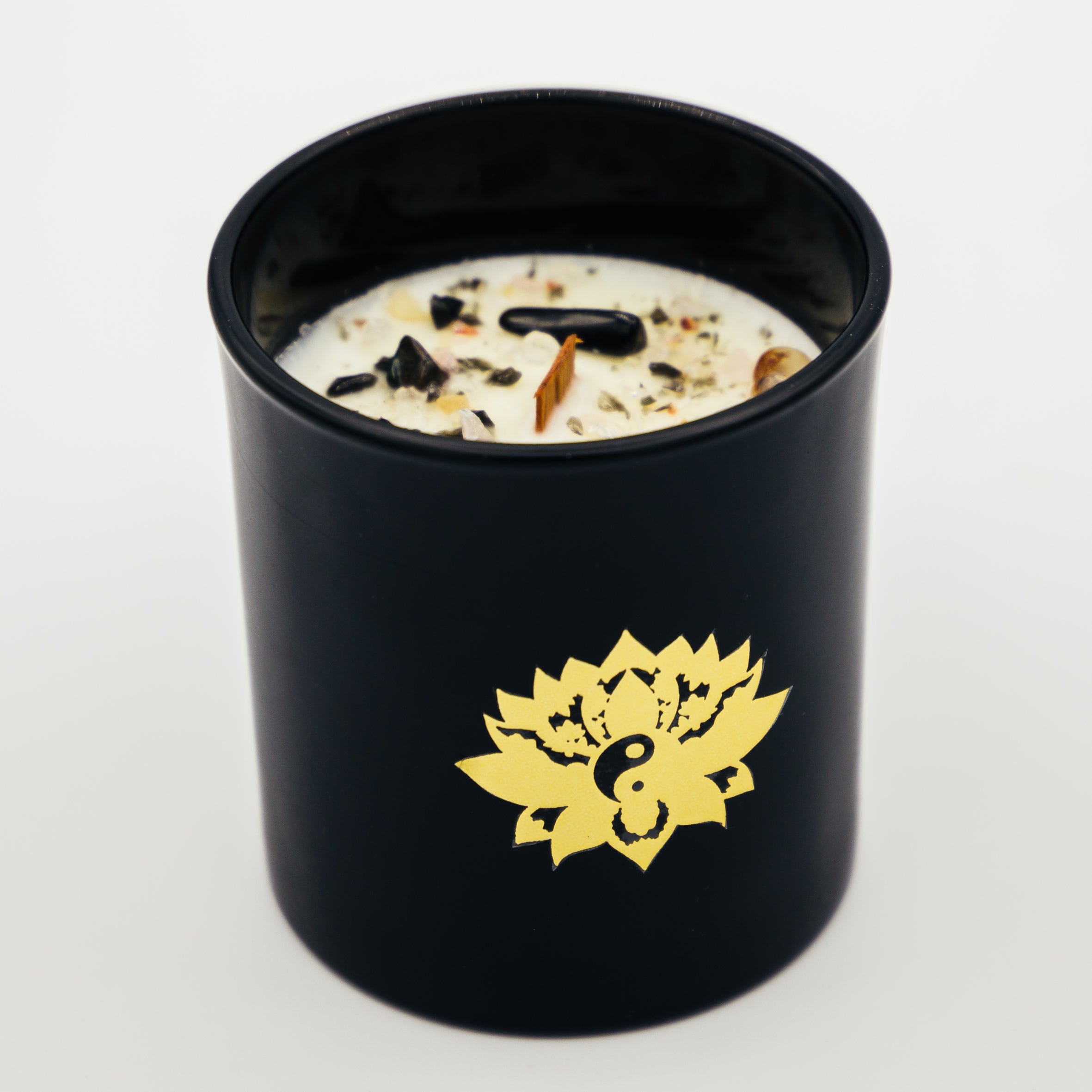 Candela Tao con Cristalli e Stoppino in Legno - Cacao e Patchouli