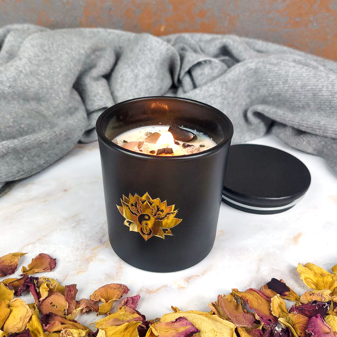 Candela Tao con Cristalli e Stoppino in Legno - Cacao e Patchouli