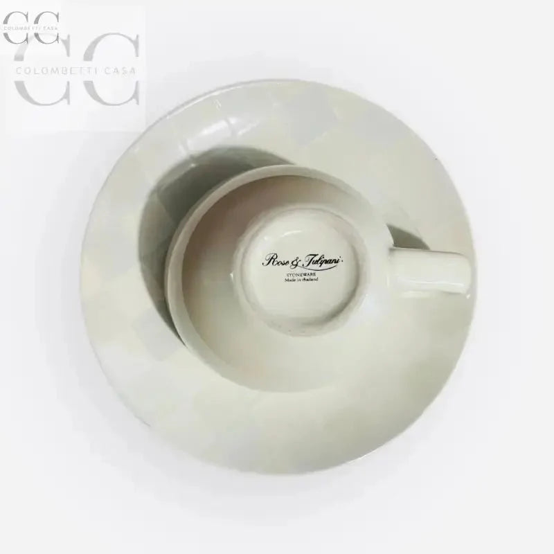 Set 6 tazzine da caffè con piattini quadretti grigi ceramica Rose&Tulipani