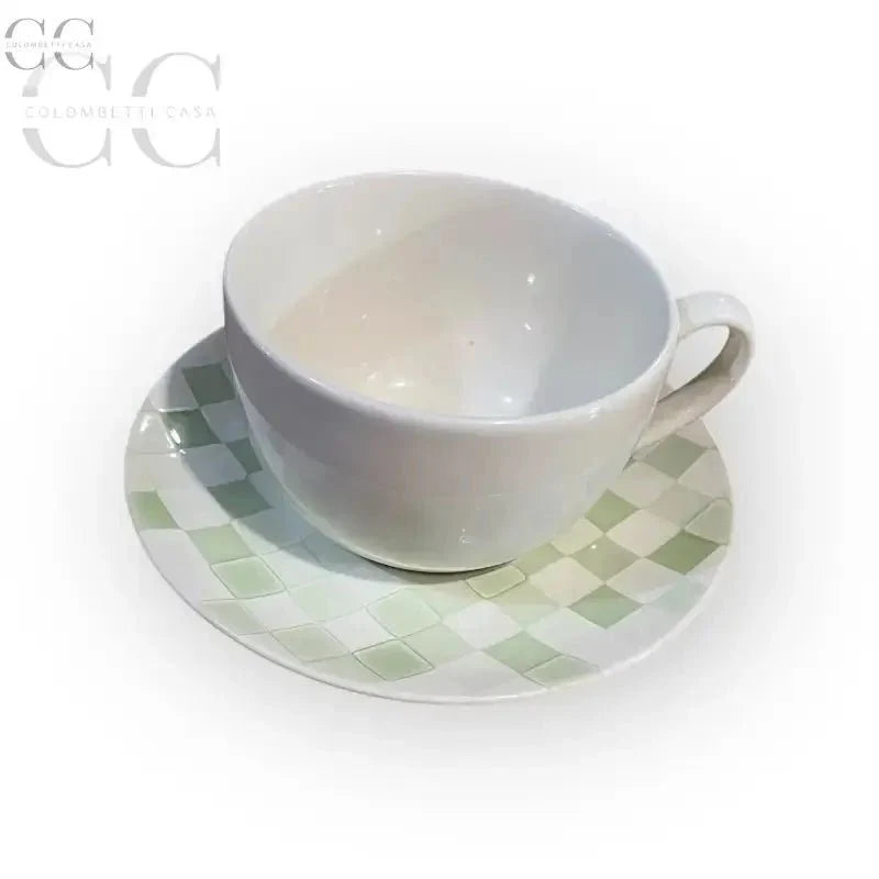 Tazza colazione jumbo con piatto quadretti verdi ceramica Rose&Tulipani