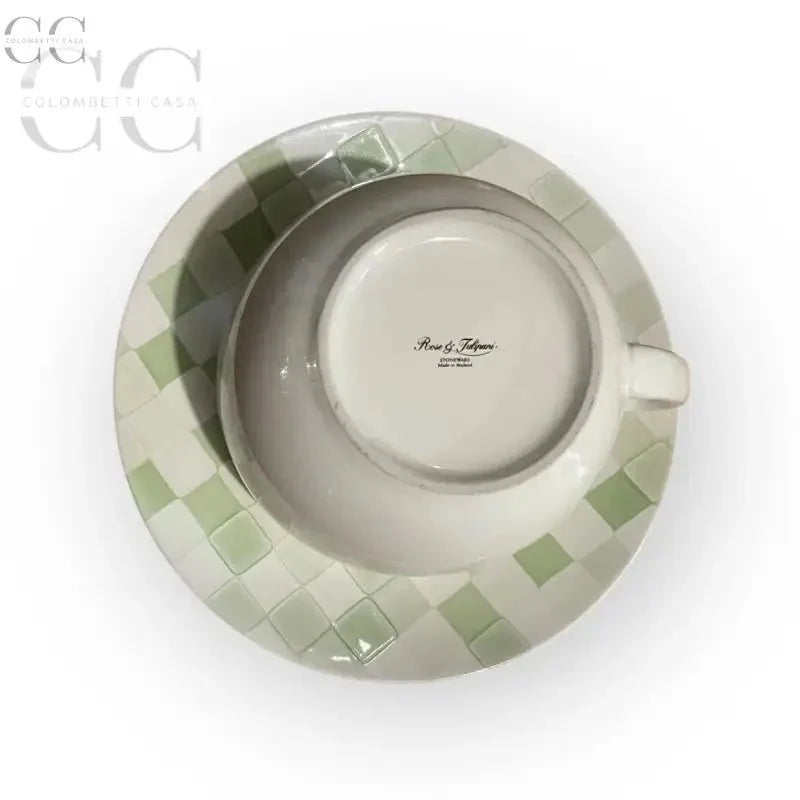 Tazza colazione jumbo con piatto quadretti verdi ceramica Rose&Tulipani