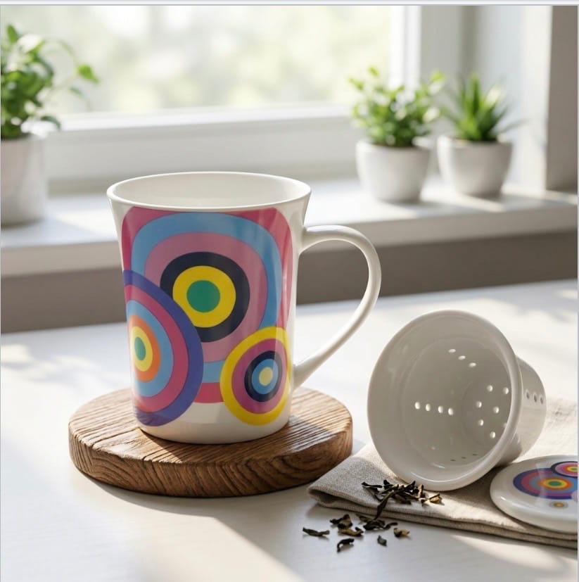 Tazza tisana multicolor con filtro e coperchio in porcellana